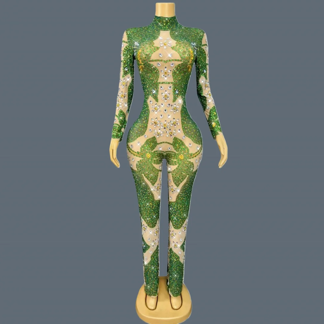 

Блестящий зеленый комбинезон с украшением из кристаллов, сексуальный комбинезон с длинными рукавами, модный костюм для выступлений на сцене, наряд Hehuaye