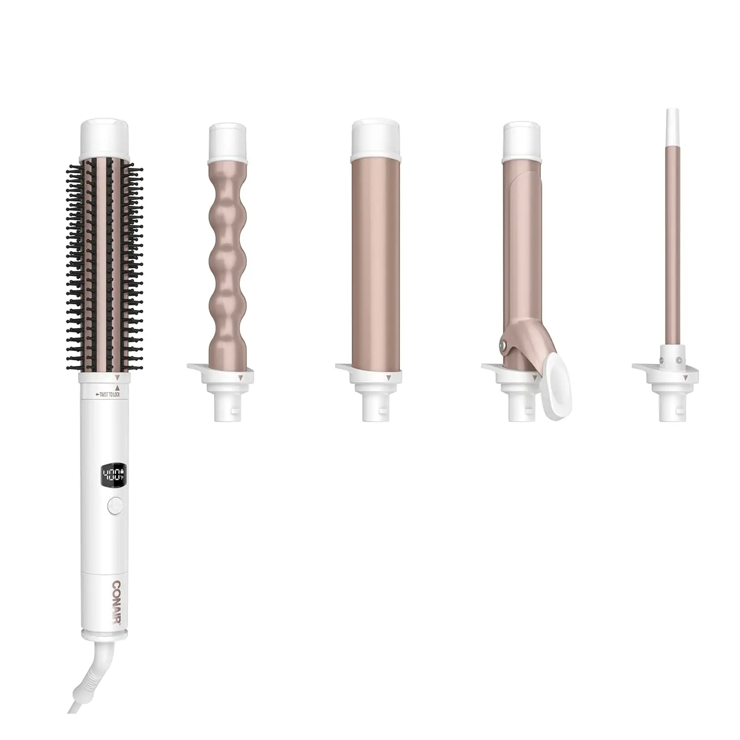 

5-in-1 Hair Curling Wand Set, Double Ceramic Curling Iron for Curls, Waves & Blowouts, 6 Heat Settings, White/Rose Gold