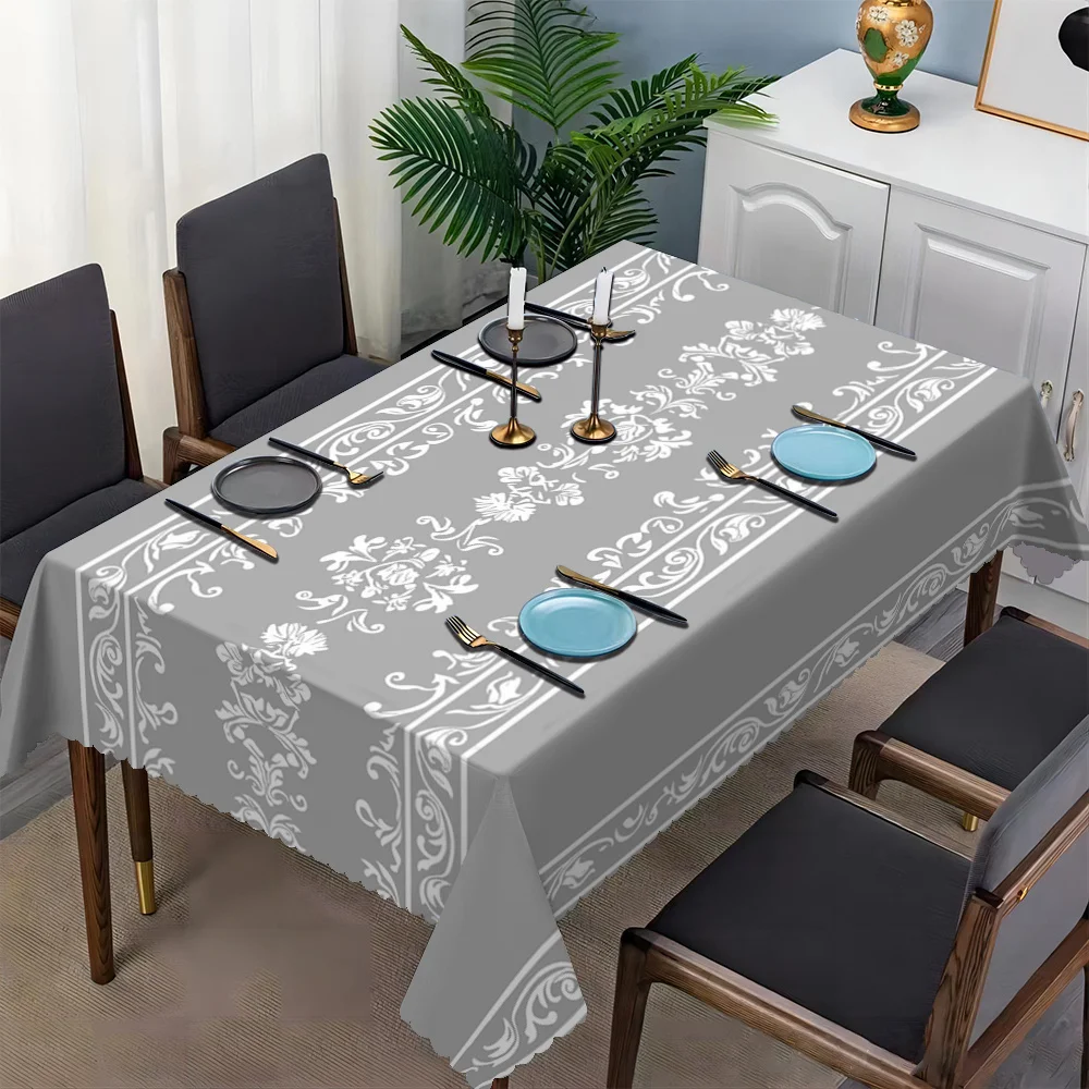 Elegant Grey Damask Floral Tablecloth, White Ornate Scroll Print, Scalloped Edge, Stain Resistant,for Dining Room & Classic Home