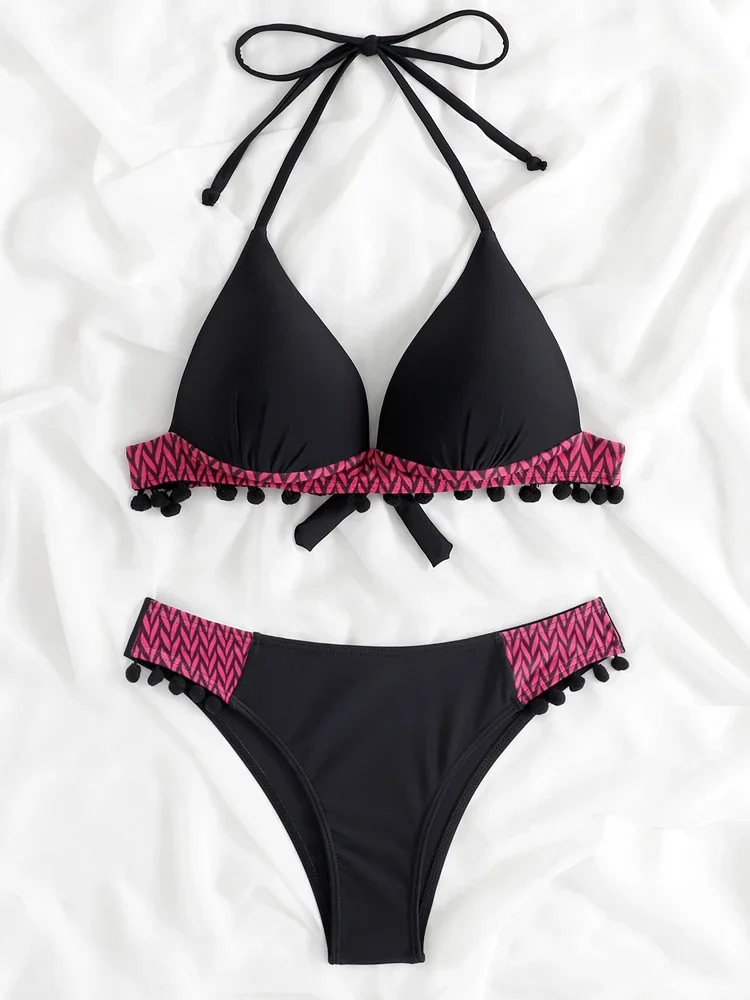 Bikini 2025 New Swimwear Women Swimsuit Tassel Black Ball Leopard Bikinis Set Push Up Bathing Suit Summer Brazilian Beach Wear