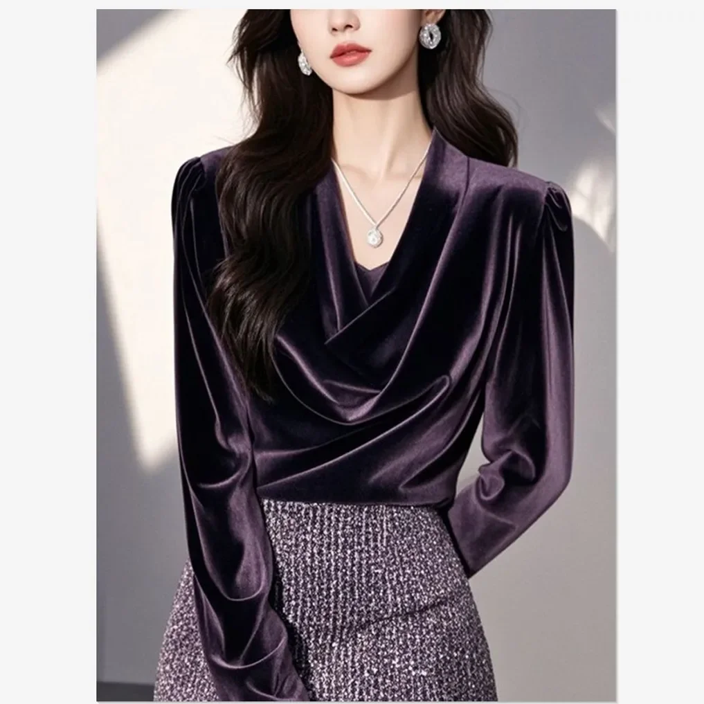 New Elegant Velvet Blouse Women Luxury Spring Autumn Fashion Design Fold Puff Sleeve Swing Collar Casual Shirt Solid Color Tops