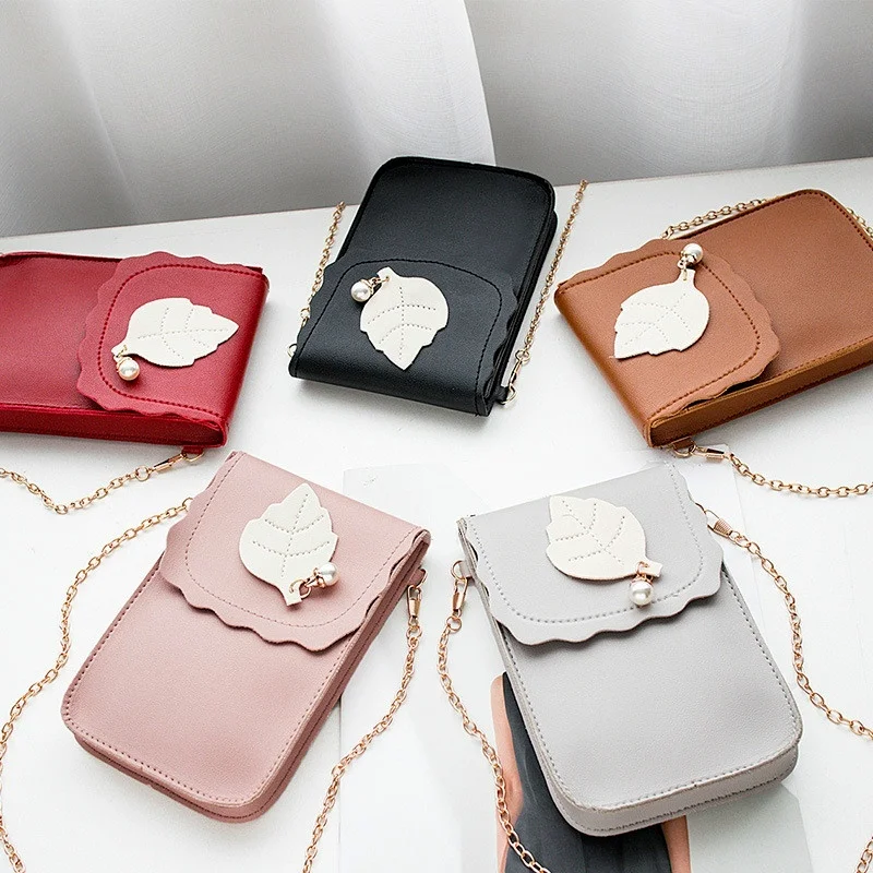 Crossbody Bags for Women Leaf Mobile Phone College Wind Purse Key Case Messenger PU Shoulder Bag