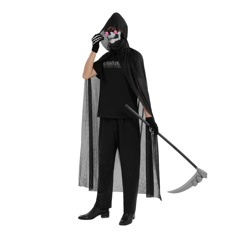 Halloween Cloak Costume for Kids & Adults Death Grim Reaper Horror Robe with Glowing Red Eyes Glasses, Scythe, Facewear, Gloves