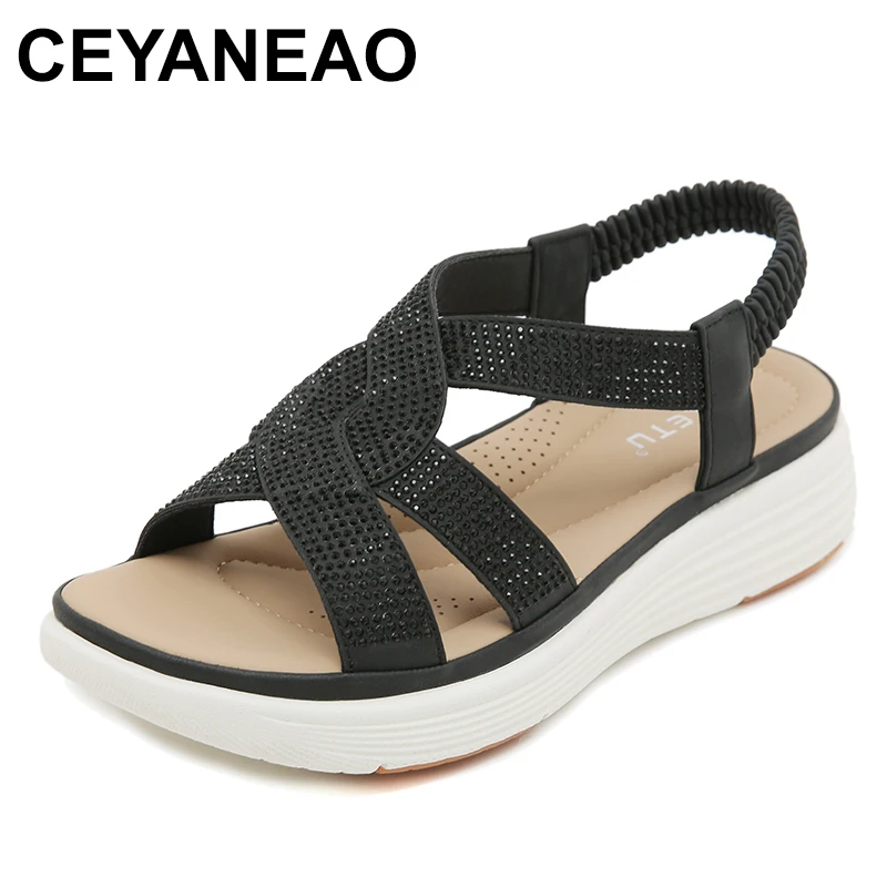 2024 Summer European and American Fashion Little Rhinestone Anti sli 4CM Wedge Elastic Strap Commuter Women's Sandals