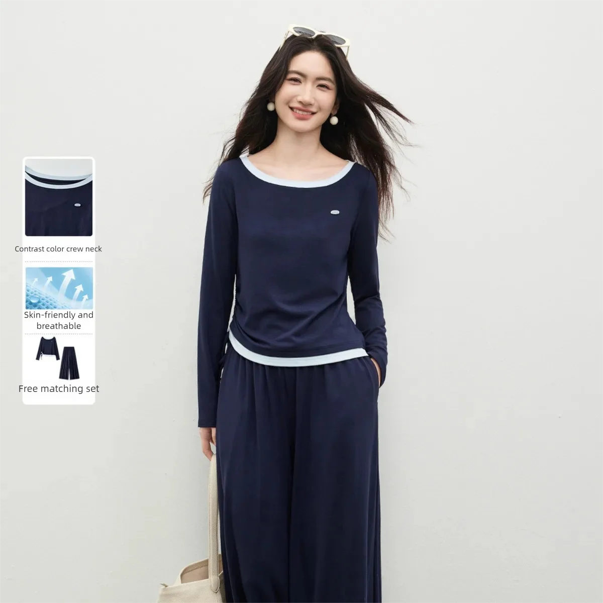 SENTUBILA Women's Casual Sports Set 2026 Spring Deep Blue Color Block Crew Neck Top with Knit Wide Leg Pants Q61ZC5944