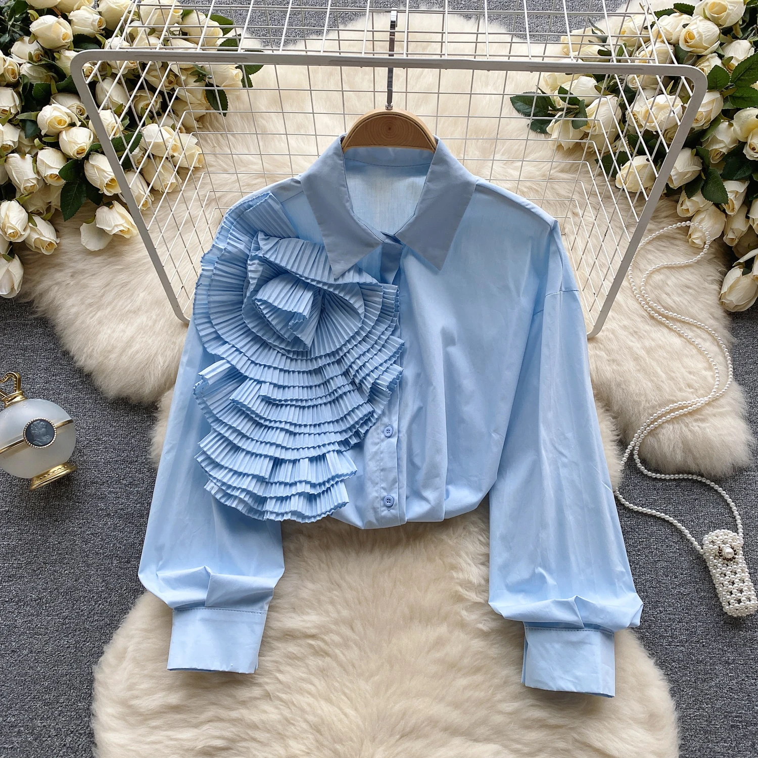 Chic Elegant Three-dimensional Floral Long Sleeve Loose Top Vintage Korean Ruffle Camis Fairy Crop Top Autumn Women Clothing