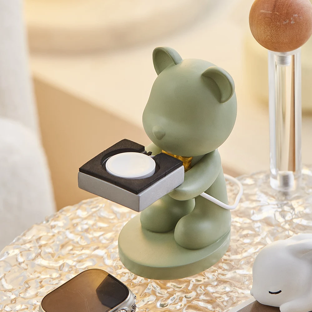 Cute Matcha Bear Watch Stand Office Workstation Desk Bedroom Decorative Ornament