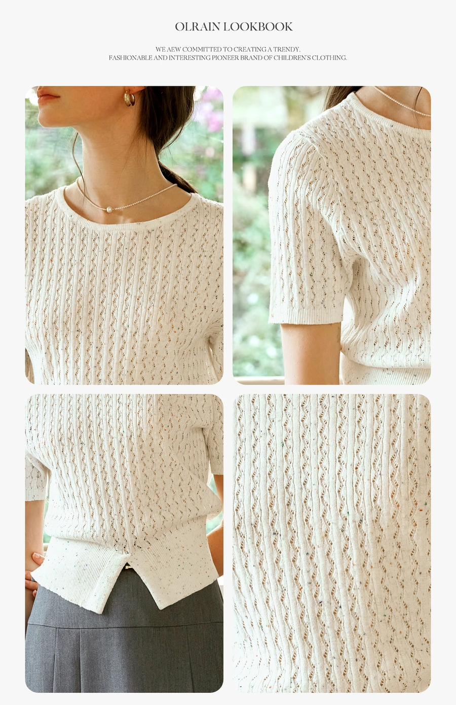 OLrain, prendas de punto para mujer, verano 2021, suéter tejido de manga corta blanco francés, moda para ir al trabajo, jersey con abertura de Color para mujer O57XZ96899