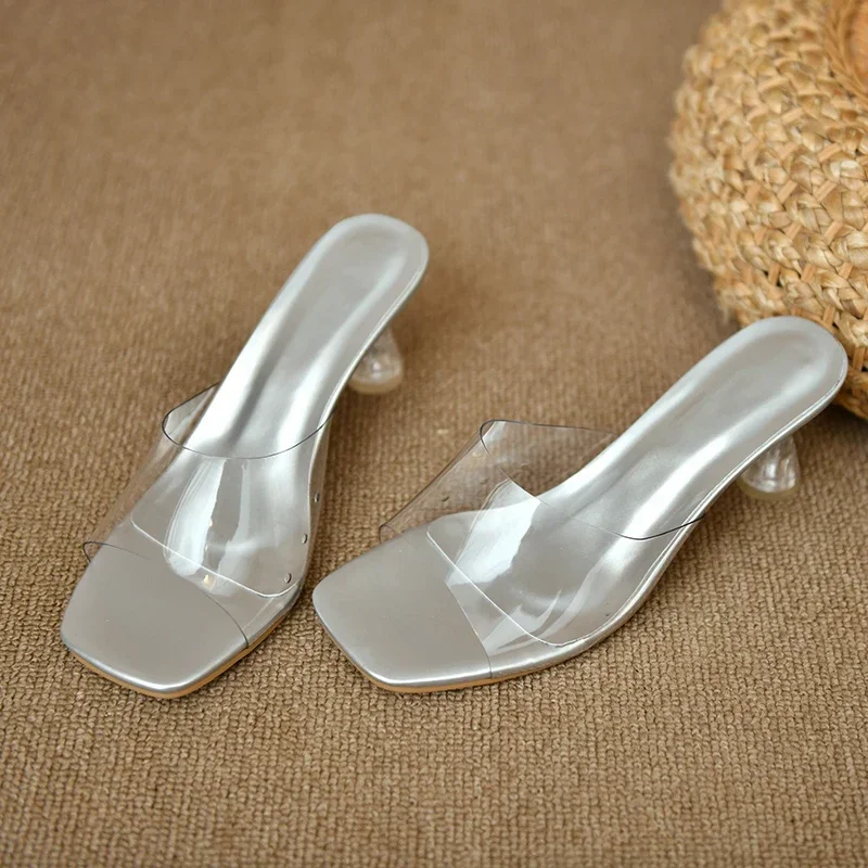 Transparent PVC Slip On Slippers  Wedge Sandals In Silver sleek square toe and flared heel  metallic color women shoes