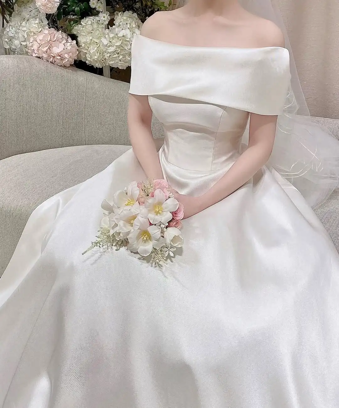 Giyu élégant épaules dénudées corée a-ligne robe de mariée Dende Satin ivoire manches courtes Simple personnalisé robe de mariée grande taille 2025