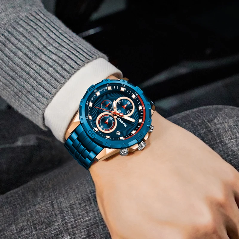 ساعات رجالية فاخرة جميع الصلب الأعمال ساعة كوارتز مقاوم للماء الأعمال الرياضة كرونوغراف ساعة مضيئة للرجال Relogio العسكرية