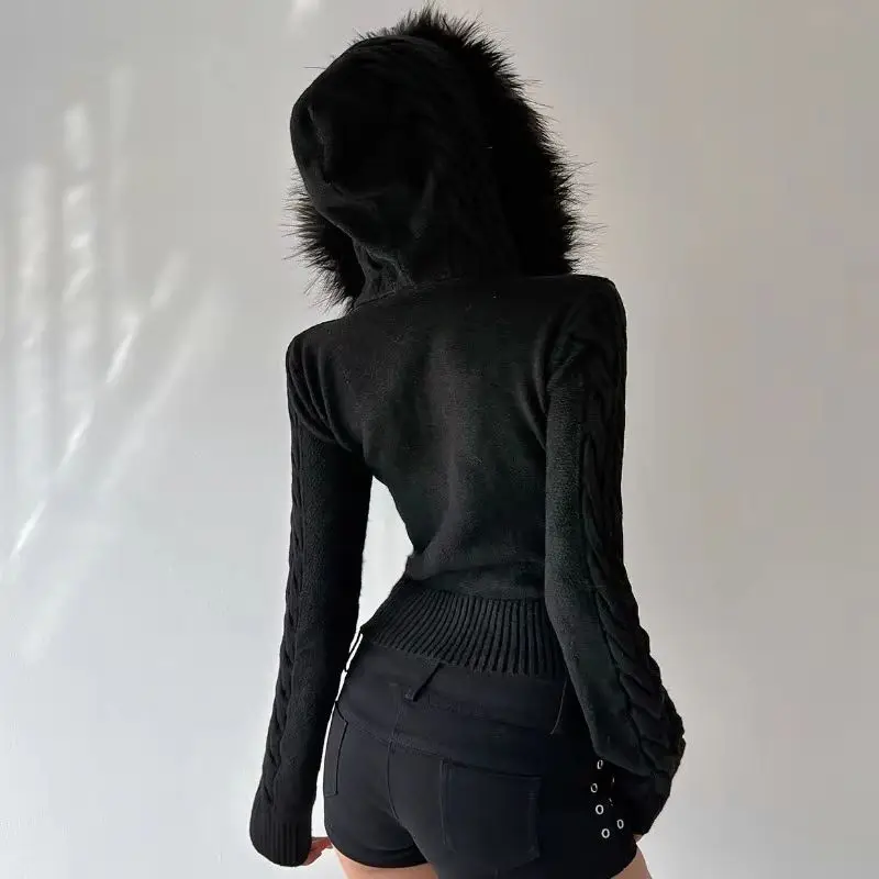 

Vintage Fried Dough Twists Zipper Hoodie Spring and Autumn Big Wool Collar Design Slim Knitted Cardigan Sweater Top