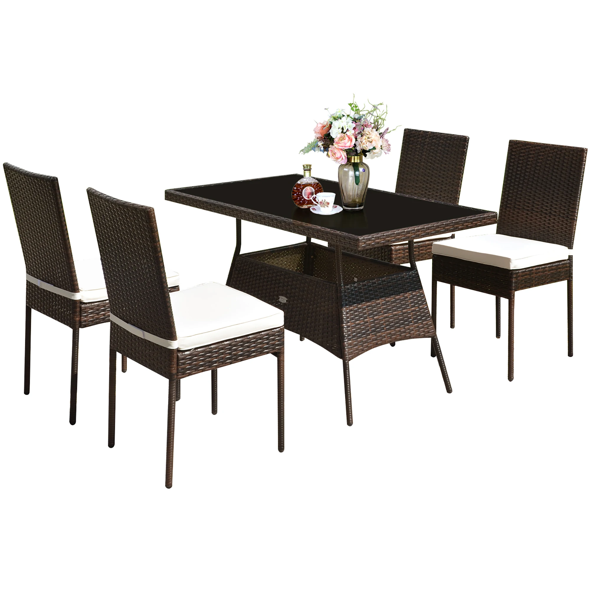 5 PCS Patio Rattan Dining Set Glass Table High Back Chair Garden Deck Mix Brown