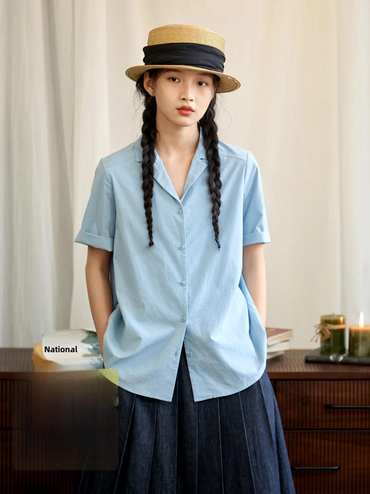 

Casual Commute Original Side Seam Light Blue Collared Shirt Women Summer Loose Shoulder Short Sleeve Versatile Top