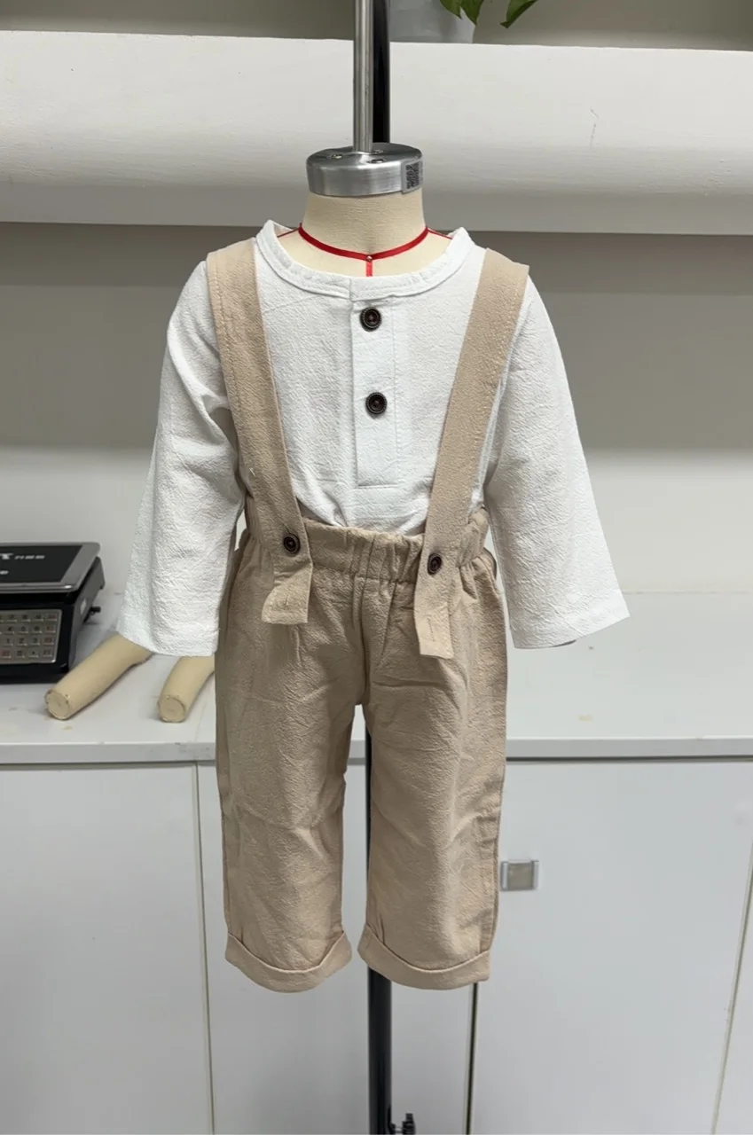 

Одежда для малышей, комплект из 2 предметов для мальчиков, комбинезон на пуговицах с длинными рукавами и круглым вырезом, однотонные штаны на подтяжках, комплекты