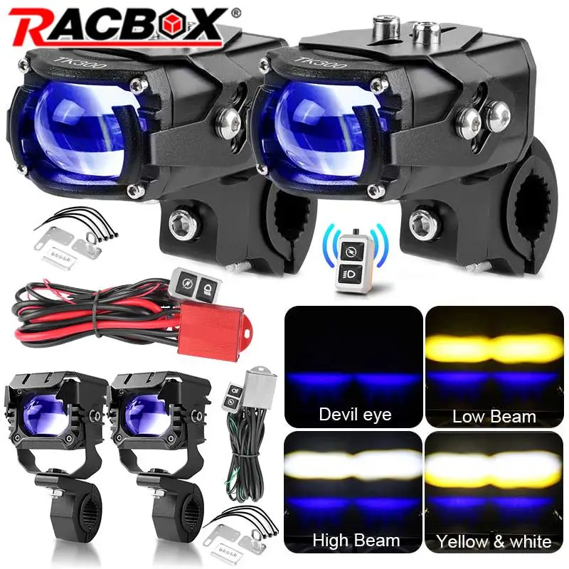 

90W/100W Motorcycle LED Spotlight Blue Devil Eyes High Power Headlight Lens White Yellow Lamp Flashing Fog Light For Car SUV ATV