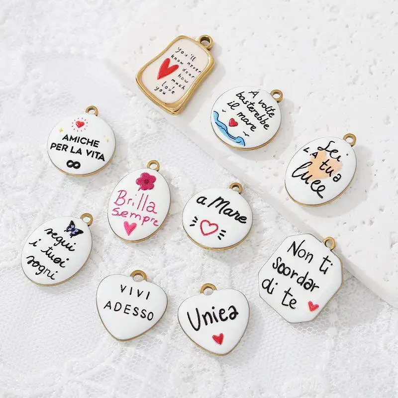 2 Stück Emaille-Anhänger mit doppelseitigem italienischem Wortspruch, vergoldet, geometrisch, aus 304 Edelstahl, für DIY-Schmuck, Großhandel – Detail 1