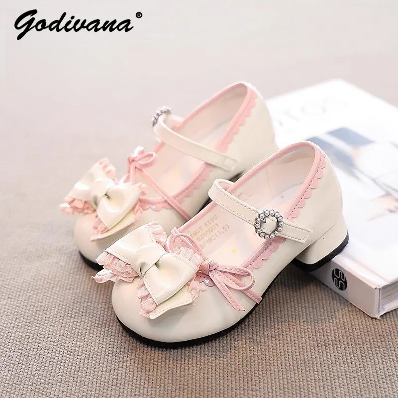 Girls Sweet Lolita Shoes 2026 Spring and Autumn New Childrens Bow Lace Trim High Heels Lolita Style Soft Sole Princess Shoes