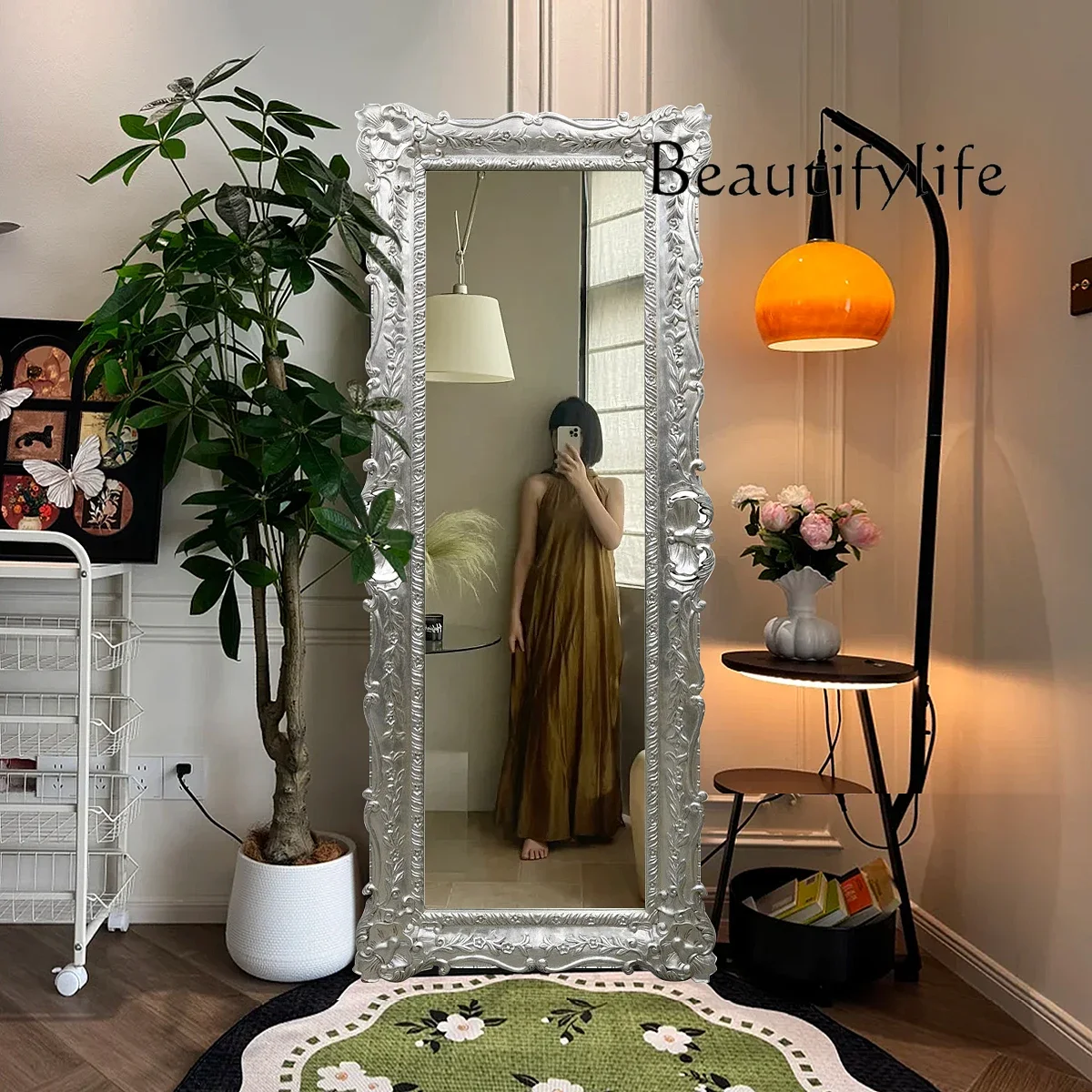 

MM European-style dressing mirror home bedroom living room wall hanging full body French-style engraved clothing store fitting