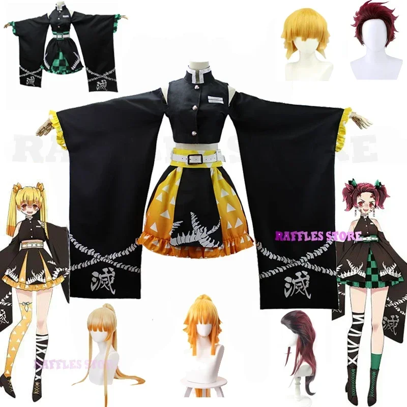Adult Kid Anime Tanjirou Zenitsu Cosplay Costume disfraz Reversal Dress Wigs Cosplay Halloween Carnival Set