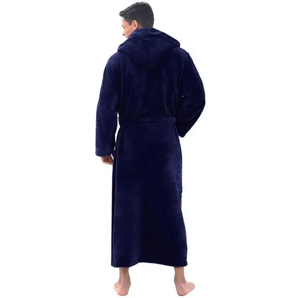 Skin-touching Chic Winter Warm Hooded Long Fleece Home Sleepwear Ankle Length Men Bathrobe Pocket for Daily Life Male Pajamas