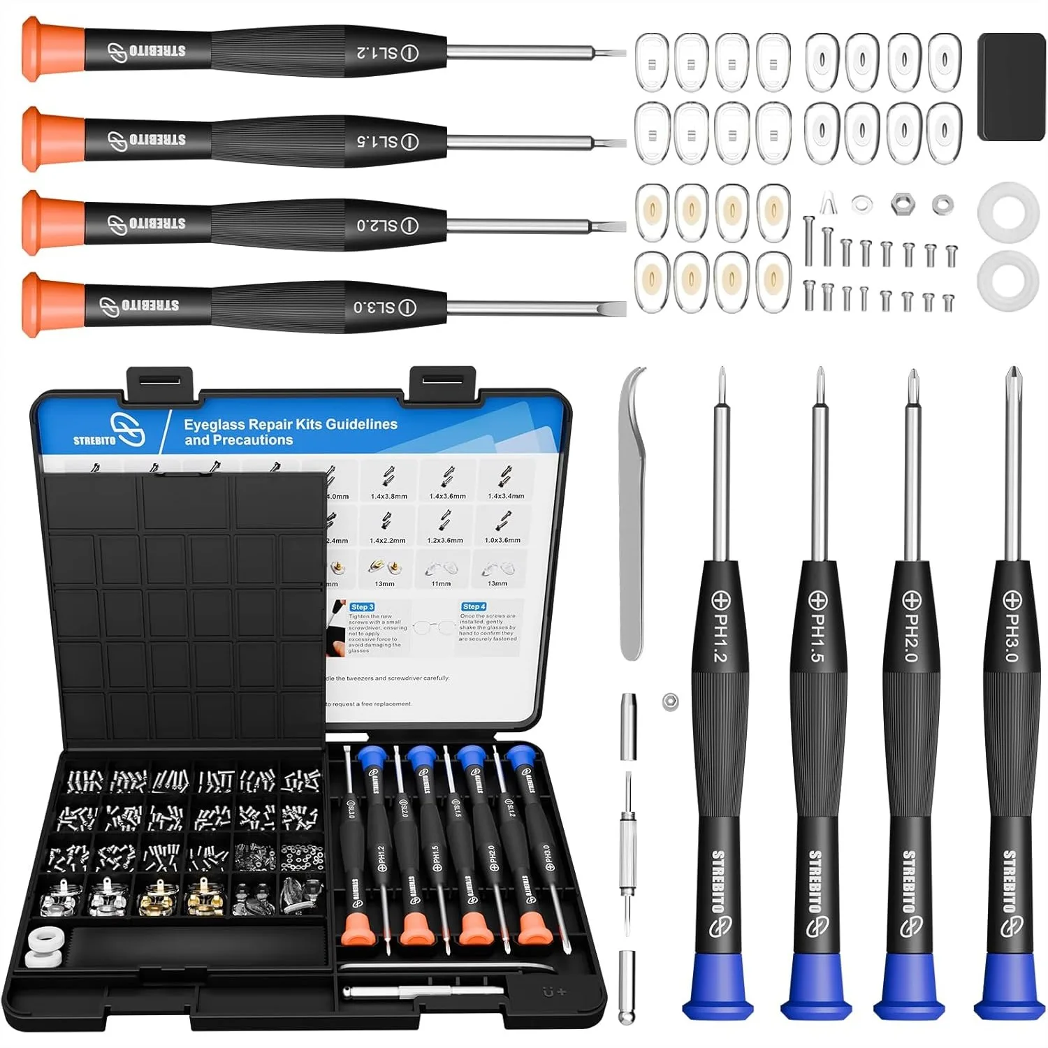 

All-In-One Glasses Repair Kit With 16 Sizes Screws, 12 Pairs Nose Pads & Tweezer, Precision Screwdriver Set For Eyeglasses Sunglasses Watches And Small Electronics