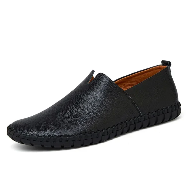 Mocassins masculinos de couro de vaca genuíno, mocassins artesanais, deslizamento azul macio, sapato de barco masculino, na moda, plus size 38-48