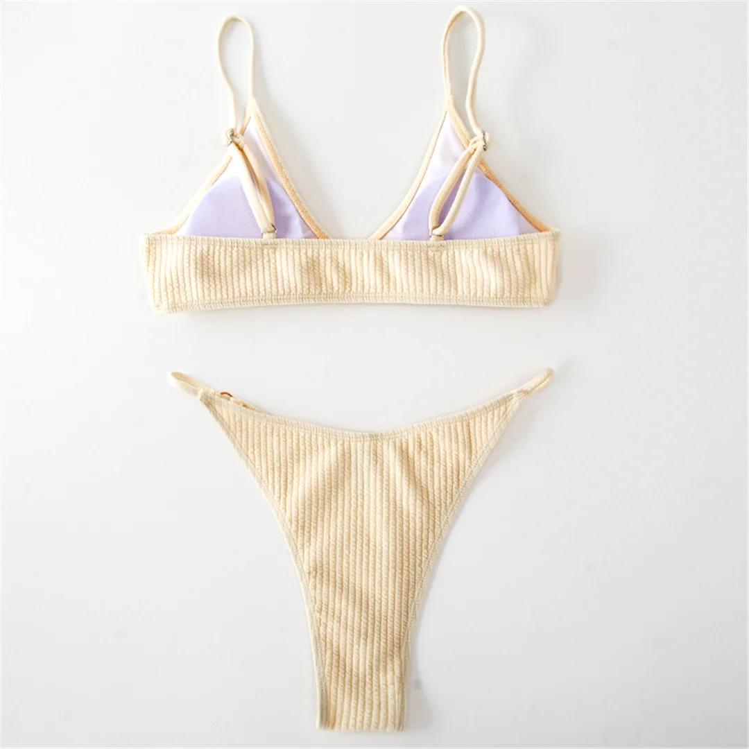Gerippter Metallring-Bikini, zweiteiliger Damen-Badeanzug, Damen-Badebekleidung, hoch geschnittene Beine, gepolsterter Badeanzug, Badeanzug, Schwimmkleidung V7120 – Detail 6