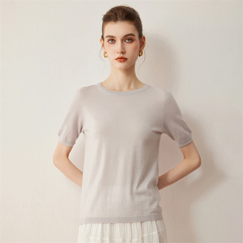 春秋の新作レディーススリムプルオーバー伸縮性100%羊毛セーターOネック半袖梳毛ウールニット通気性トップス