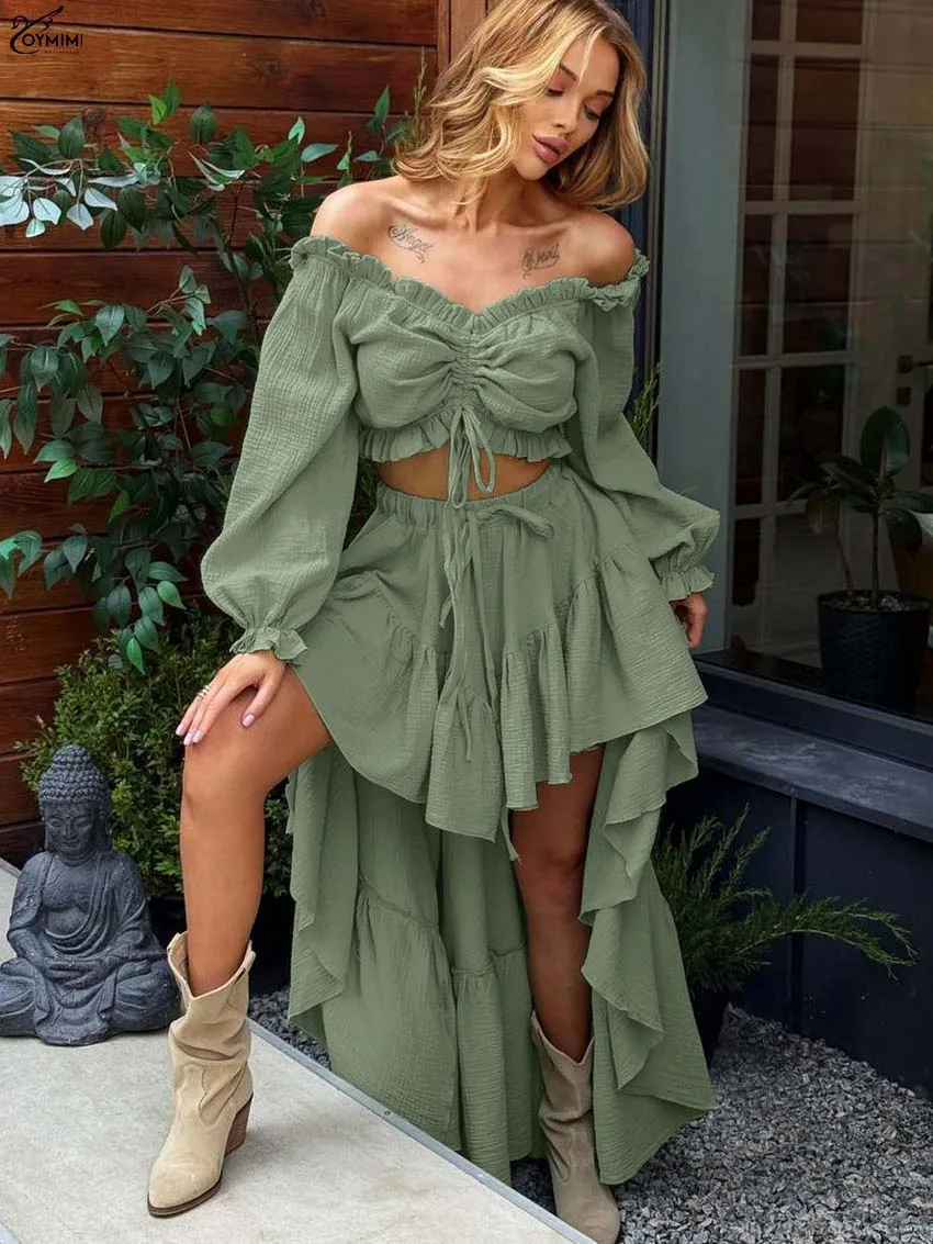 

Oymimi Summer Green Woman 2 Piece Set Outfit Fashion Strapless Long Sleeve Lace-Up Crop Tops And Drawstring Pleated Skirts Sets