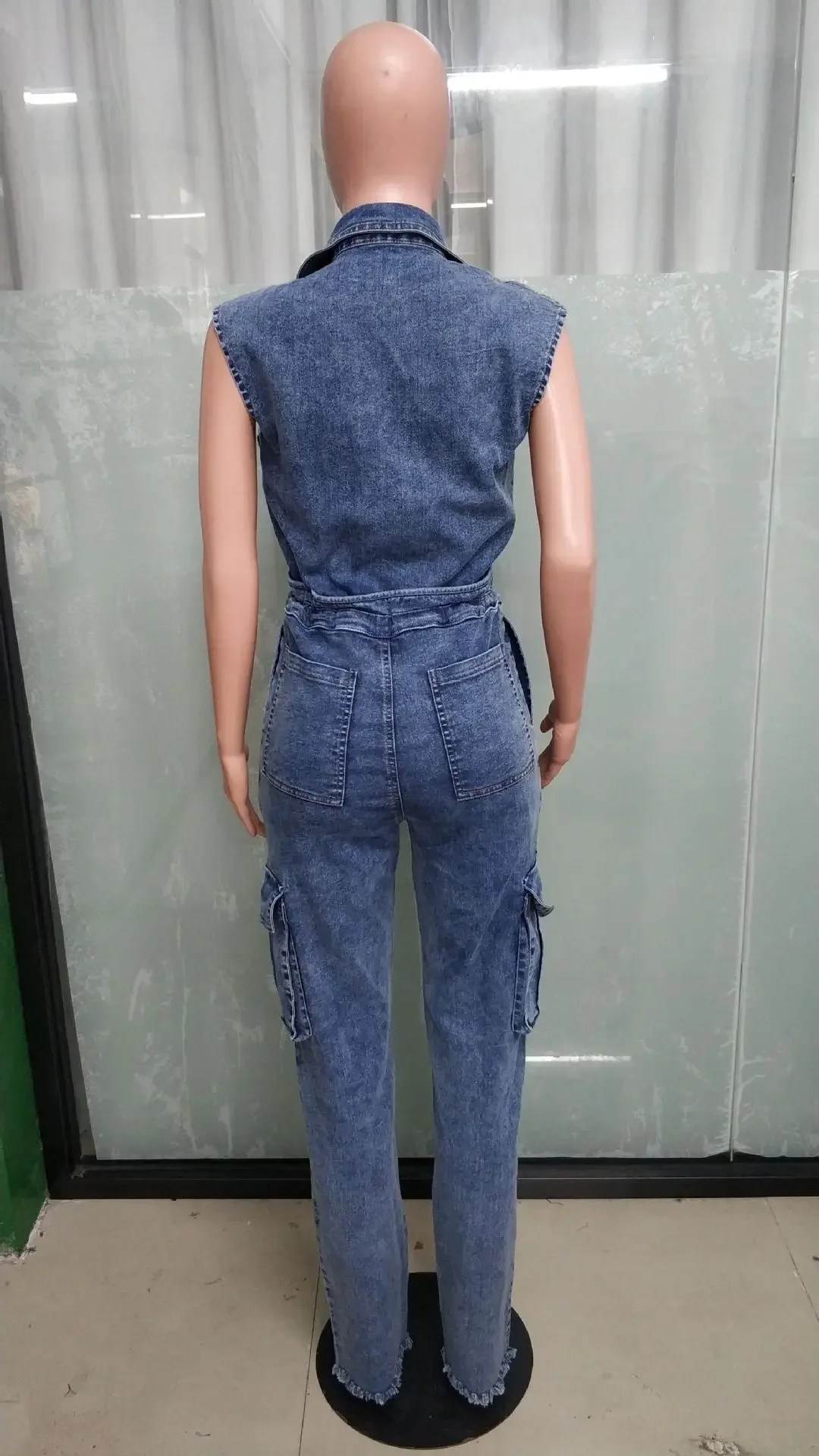 Women Denim Sashes Cargo Jumpsuit Sleeveless Turn-down Collar Single Breasted Rompers Washed Fashion Outfit 2024 Summer