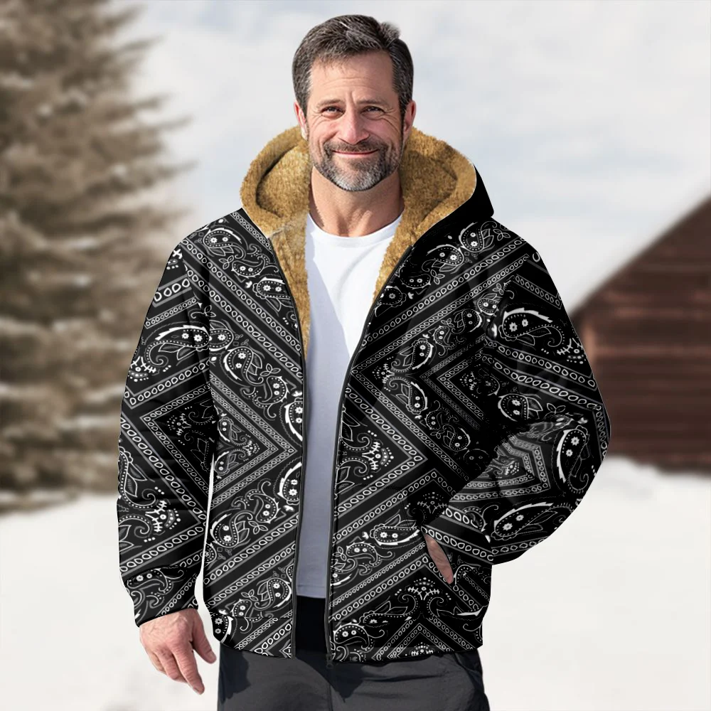 Winterjassen voor heren, mode vintage zwart geometrisch streetwear patroon katoenen kleding overjas jeugdige vitaliteit