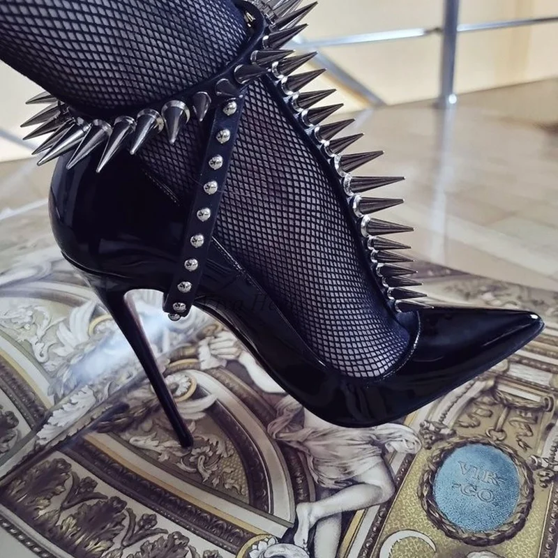 

Chic Studded Black Patent Leather Pumps Women's Sexy Rivets High Pointed Toe Heels Big Size Party Dance Luxury Designer Shoes