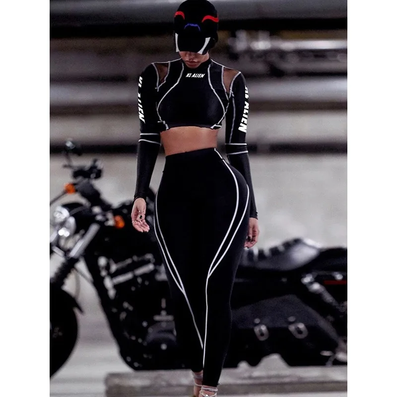 Krisnanas Biker Chic Sporty Pants Sets for Women 2025 Stylish Patchwork Mesh Long Sleeve Top Spliced Leggings Tracksuits 23073