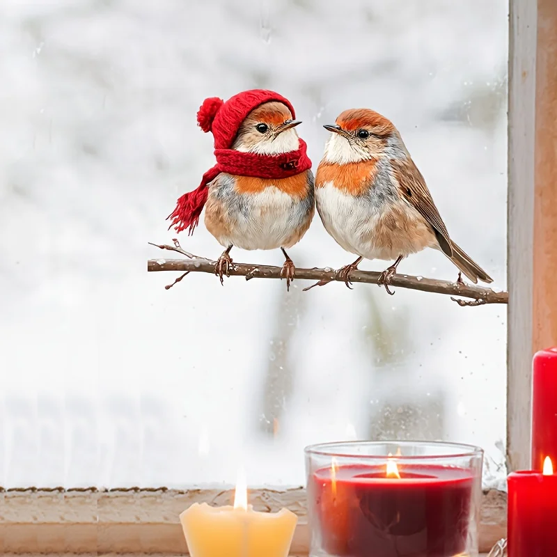 Two Birds on Red Berries And Christmas Hats Wall Stickers Kitchen Decoration Dining Room Living Room Cabinet Home Decoration