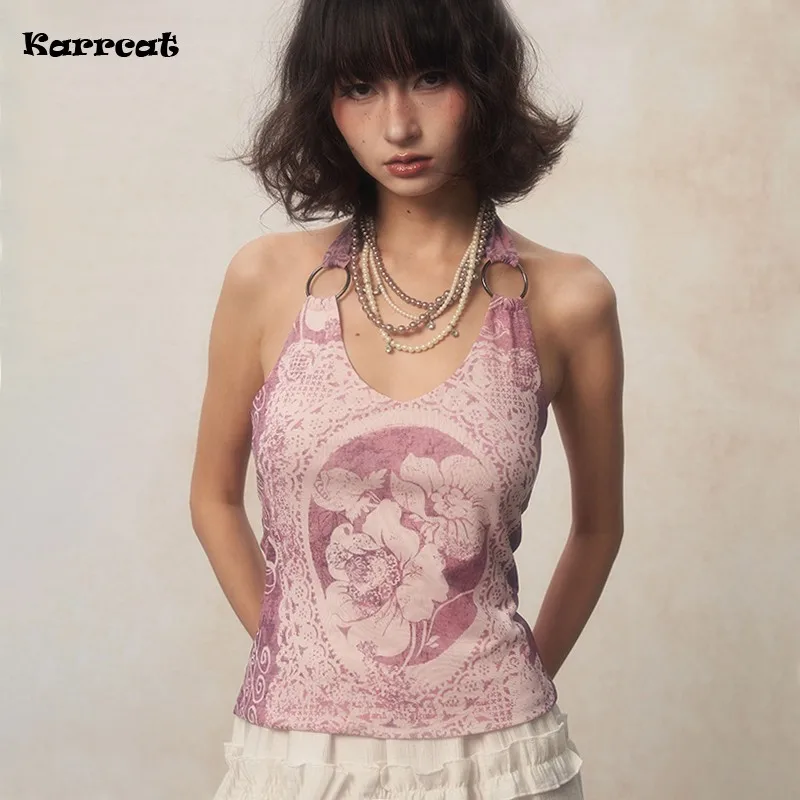 Karrcat Japanese Y2k Halter Tops Grunge Aesthetics Purple Tank Top Vintage Harajuku Flower Print Camisole Backless 2000s Retro