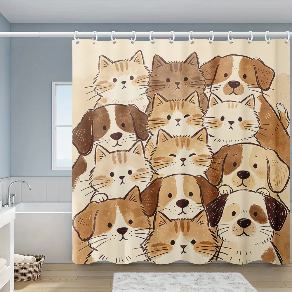 1pc Shower Curtain with Off -yellow Background and Retro -hand -drawn Stacked -cat -dog -collection Print, Retro Warm -toned -pe