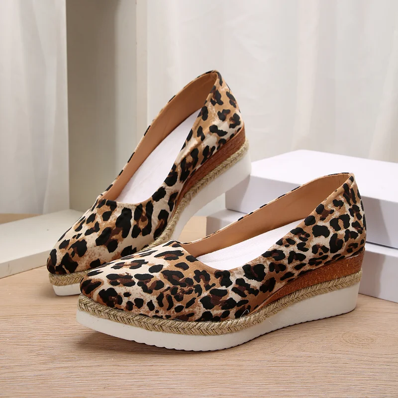 Espadrilles shoes for Women wedges high heel pumps Leopard platform round toe wedding party shoes office lady comfort shoes