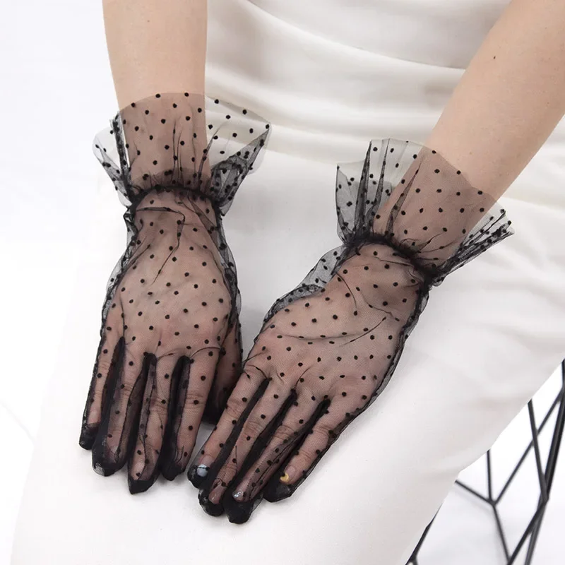 Women Black Sexy Transparentes Dot Mesh Tulle Gloves Wedding Bride Dress Gloves Thin Club Prom Party Dancing Dress Accessories