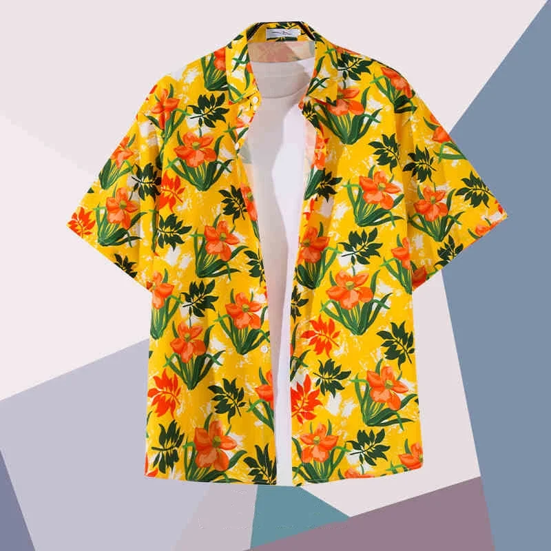 

2025 Men's Short Sleeve Coconut Tree Flowers Shirts Casual Vintage Newspaper Print Vacation Hawaiian Shirts Plus Size S-5XL