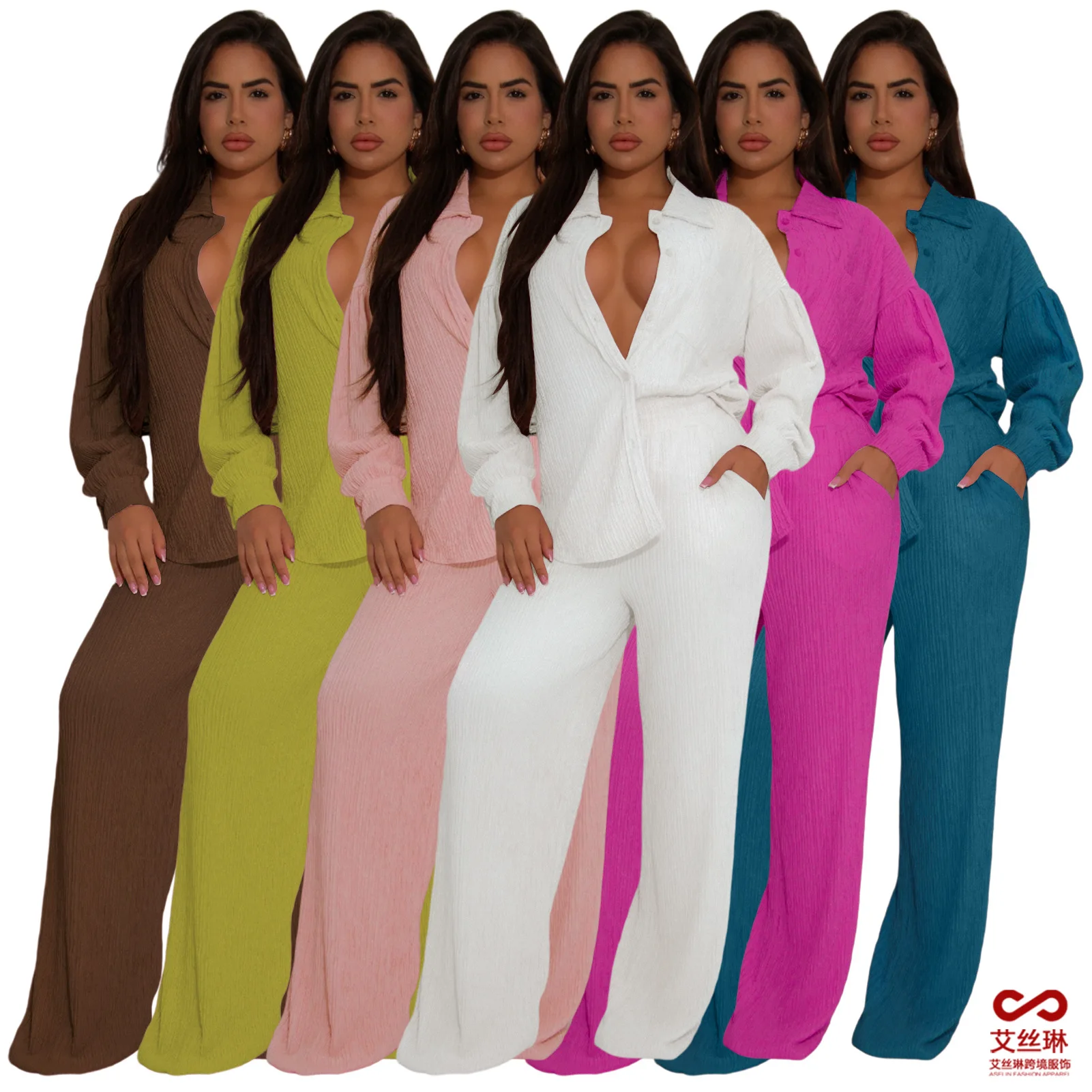 Women's Two-piece Solid Color Lapel Long Sleeved Elastic Wrinkling Strap Multi Pocket Swing Leg Pants Wide Leg Pants Set