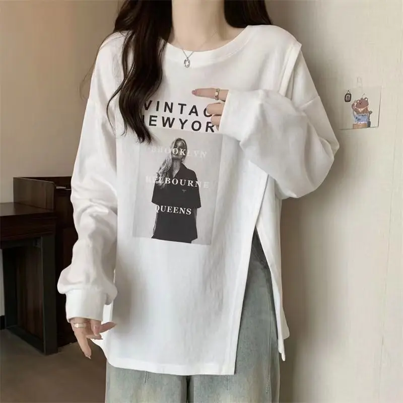 Stylish Split Irregular Loose Pullovers Spring Autumn Korean Asymmetrical Female Clothing Printed Letter Long Sleeve Sweatshirts