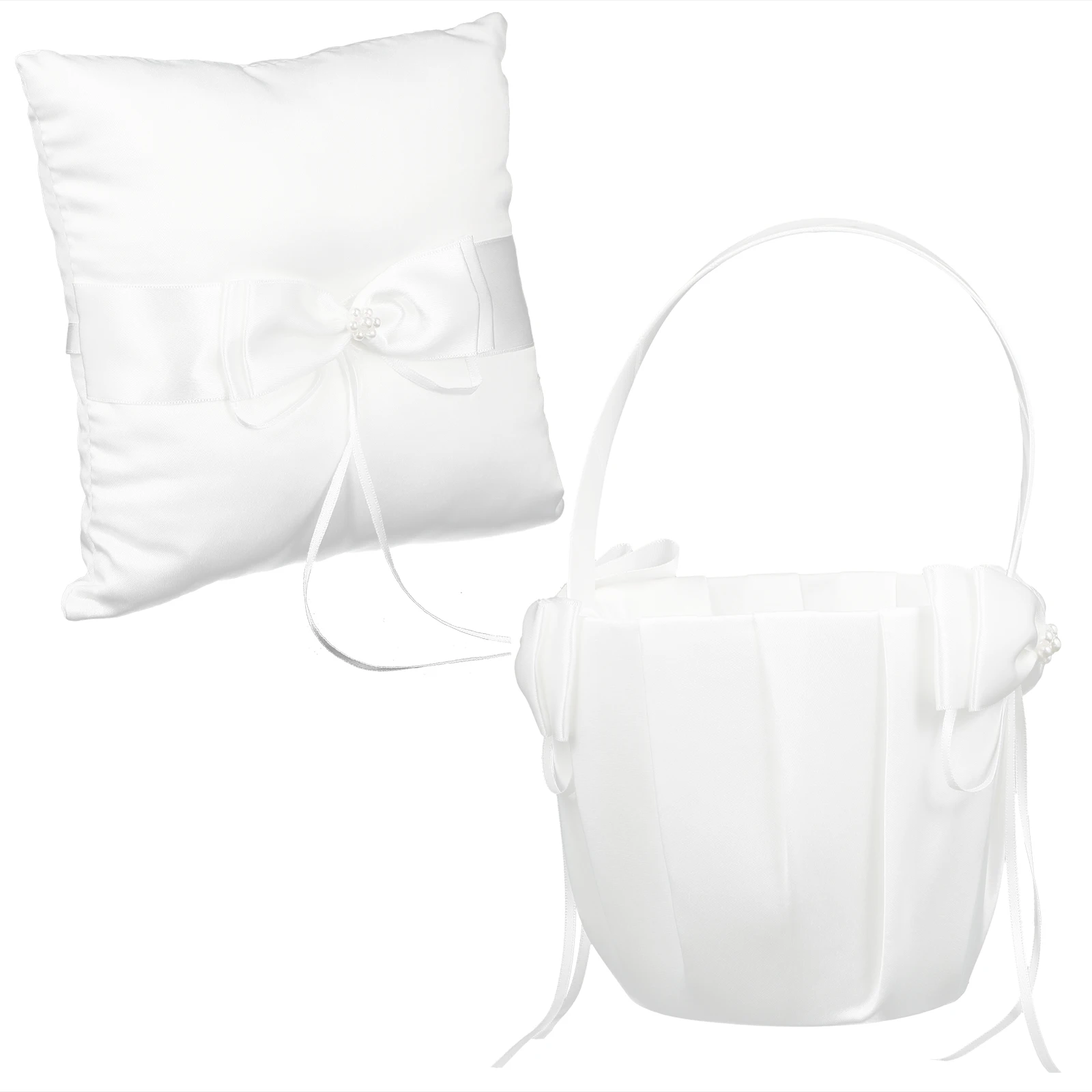 

2Pcs Ring Flower Basket Wedding Bridal Satin Fabric Ring Bearer Pillow White Color Ceremony Accessories Storage