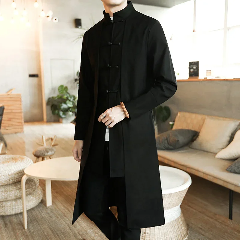 

Chinese Style Black Loose Vintage Cotton Linen Trench Coat Men Fake two Pieces Cardigan Kimono Coat Male Long
