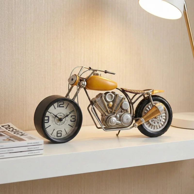 

Vintage Motorcycle Alarm Clock Metal Ornament Retro Model Figurine Personalized Home Desktop Decoration
