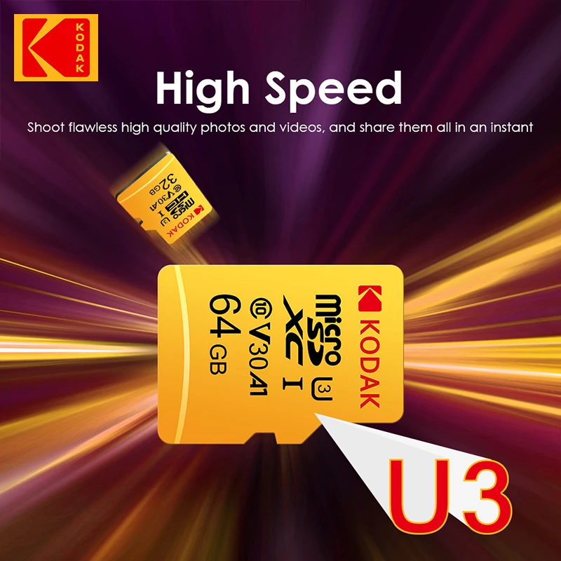 Kodak Micro SD การ์ดการ์ดความจำสีแดงพร้อมอะแดปเตอร์32GB microSDHC 64GB microSDHC microSDHC C10 microsdhsd การ์ดหน่วยความจำ A1แฟลชการ์ด TF