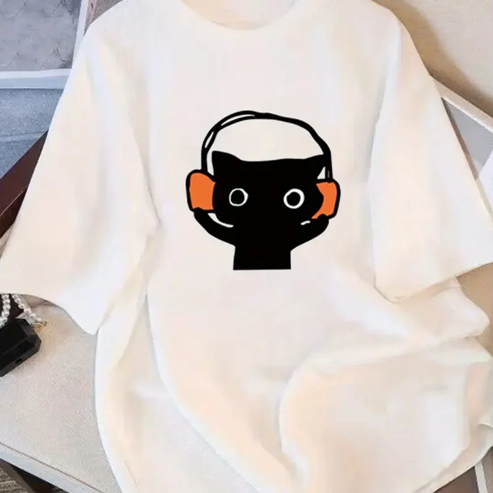 

Cartoon Cat with Headphones Print Casual Tee Comfort Summer Women's Cute Graphic T-Shirt Funny Black T-shirt Ladies Casual Tops