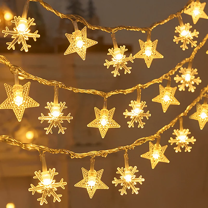 Christmas LED String Lights Snowflake Star Garland Fairy Lights Xmas Hanging Pendant Ornament New Year Party Decoration Lighting