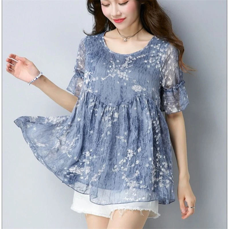 2024 Summer Women\'s Fashion Print Ruffle Sweet Blouse Casual O Neck Short Sleeve Chiffon Shirt Loose Chic Tops Blusas Para Mujer