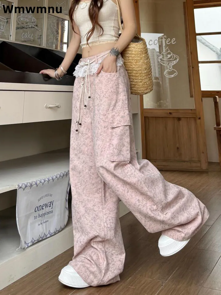 

Уличная одежда, кружевные брюки-карго с высокой талией, женские повседневные корейские модные брюки, мешковатые прямые широкие спортивные брюки